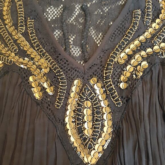 Free People Brown Beaded Lace Bodice Dress Swing Style Lined Size XS 2 - 4 - Picture 2 of 12